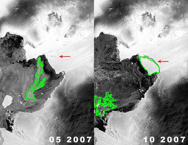 Satellite image: water dark, ice white. First image: the piece of ice isn't quite separated. Second: the separation is complete, captured with green contour