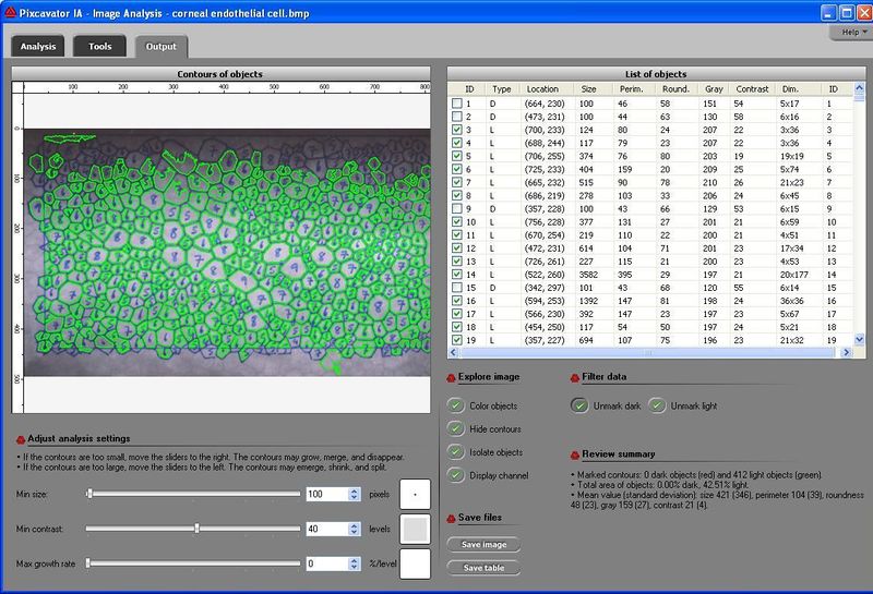 Pixcavator captures the cells inside green contours. The quality is good enough for measuring